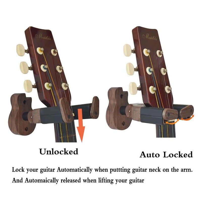 Guitar Shaped Solid Wood Detachable Gravity Lock Hook, Guitar Self-Locking