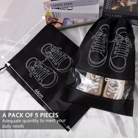 5 Pcs Travel Shoe Bag, Shoe Bags, Shoe Bags for Travel, Dust Proof Bag Shoe Storage Bag Drawstring Non-Woven Shoes Storage Bags with Transparent Window for Daily and Travel Use (Black)