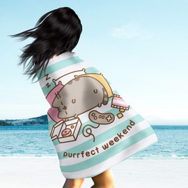 Pusheen Purrfect Weekend Bath Towel in Pink / Turquoise 75 x 150 cm 100% Cotton Velour Quality Hand Towel Bath Sheet Beach Towel Sauna Towel The Sweet Cat Cute Cat Pass For Bed Linen