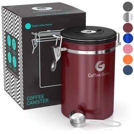 Coffee Gator Coffee Canister, Airtight Stainless Steel Kitchen Food Storage Container with Date Tracker, Scoop for Sugar, Grounds Coffee, Beans,Tea, Sugar, Cereal, Flour, Cookies Jars (Red, 22oz)