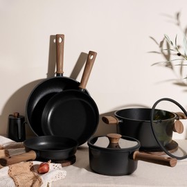 Astercook 18-Piece Pots and Pans Set, Nonstick Cookware Set with Elegant Wooden Handle, Oven Safe to 480°F, Induction Compatible, Camping and Picnic, Black