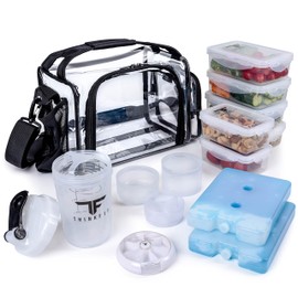 ThinkFit Clear Lunch Bag with 6 Meal Prep Containers - BPA-Free, Reusable, Microwave + Freezer Safe - With Shaker Cup and more! Clear Lunch Box - Transparent Bag for Work