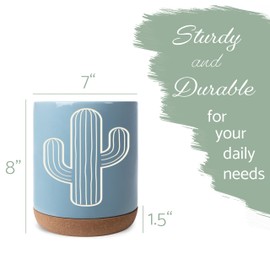 Elanze Designs Classic Cactus Desert Plant X-Large Cork Bottom Ceramic Stoneware Utensil Holder, Spatula Caddy, Crock Container, Kitchen Storage Organizer Home Décor, Sky Blue
