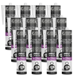 Adhesive Guru AG740 Ultra Tack Hybrid Construction Adhesive (12x10.5 fl oz), Heavy Duty Indoor Outdoor Caulk Sealant, White - 12 Pack