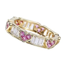 925 Sterling Silver Shiny Full Diamond Ring 18K Gold Cocktail Rings Heart-Shaped Pink Cubic Zirconia Promise Rings CZ Heart Diamond Ring Eternity Engagement Wedding Band Ring TZ.104 (US Code 10)