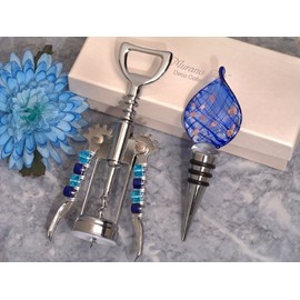 Murano teardrop design blue and gold bottle stopper and opener set From FavorOnline