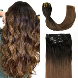 Sindra Clip-In Human Hair Extensions, 35 cm, 100 g, 6 Pieces, Natural Black to Dark Brown Hair Extensions, Clip-In Real Hair, Remy Clip-In Hair Extensions, Natural Real Hair Extensions, #1BT4, 14
