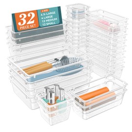 WOWBOX 32 PCS Clear Plastic Drawer Organizer Set, 4 Sizes Desk Drawer Organization and Storage Containers for Makeup, Cosmetics, Jewelry and Gadgets in Kitchen, Bathroom, Bedroom, Office, Clear