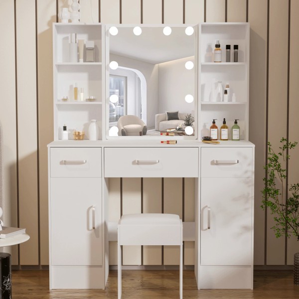 Yamissi Vanity Table Set with Lighted Mirror Makeup Dressing White