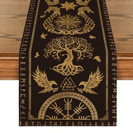 Artoid Mode Wooden Viking Tree of Life Raven Helmet of Awe Table Runner, Seasonal Table Decoration, Indoor, Holiday, Party Decor, 40 x 140 cm