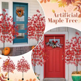 Lunmon 2 Pack 6.6FT Fall Artificial Maple Tree, Faux Fall Potted Maple Plants Silk Realistic Autumn Leaves Large Tree Decor for Thanksgiving Front Porch Home Wedding Indoor Outdoor Party (Dark Red)