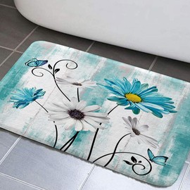 Teal Floral Bathroom Rugs, Rustic Farmhouse Floral Bath Mats Farm Style Teal Daisy Floral Butterfly on Country Wooden Bath Mats Floor Mat Cute Door Mat for Shower Tub Hallway, 17"x29" Turquoise Teal
