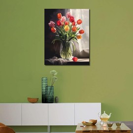 TISHIRON DIY Paint by Numbers Adult Tulips in Vase, Adult Paint by Numbers Flowers, Acrylic Painting by Numbers Kits on Canvas Floral, Oil Painting Kit 40 x 50 cm (Frameless)