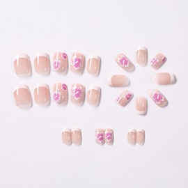 Short Square Press on Nails with Flower Designs French Tip Press on Nails Light Pink Flower Nails Summer Glue on Nails Short Acrylic False Nails Kit Full Cover Stick on Nails for Women 24PCS