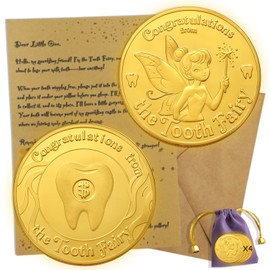 Tooth Fairy Gifts for Boys & Girls,Tooth Fairy Coins Keepsake Kit, Golden Coins with Tooth Pouch,Letter from Tooth Fairy