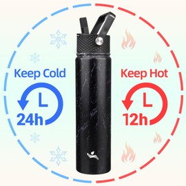 Konokyo Insulated Water Bottle with Straw,24oz 3 Lids Metal Bottles Stainless Steel Water Flask,Marble Midnight