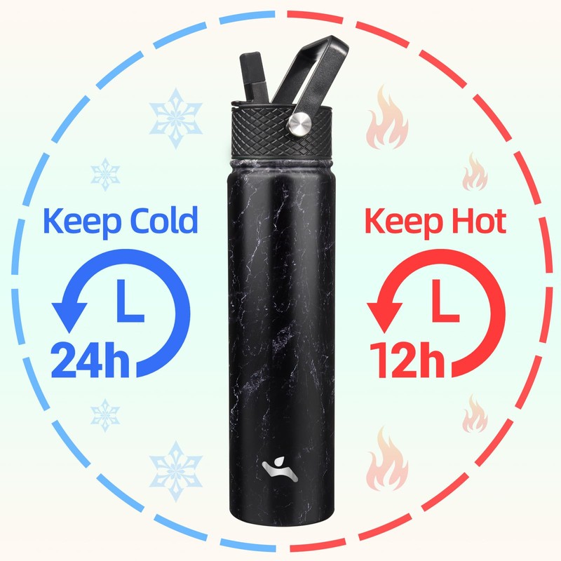 Konokyo Insulated Water Bottle with Straw,24oz 3 Lids Metal Bottles