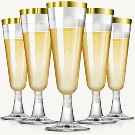 SUREHOME Plastic Champagne Flutes Plastic Mimosa Glasses 100 Pack 5.5 Oz Disposable Champagne Glasses Gold Rim Acrylic Wedding Toasting Cocktail Cups Bulk for Happy New Year Eve 2025 Party Supplies