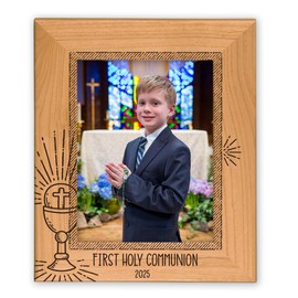 FIREFLY WISHES First Holy Communion Photo Frame, Keepsake Catholic Sacrament Gift for Boy or Girl, Laser-engraved Alder Wood Picture Frame (5x7 Vertical - Radiant Eucharist, 2025)