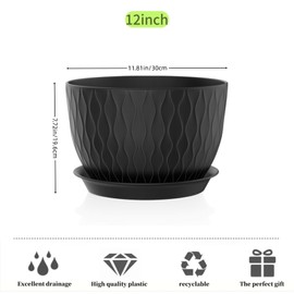 SQKH 12 Inch Plant Pots, Large Flower Pots for Indoor and Outdoor Plants with Water Ripples, Large Plastic Flower Pots with Drainage Holes and Tray for Garden Indoor Plants