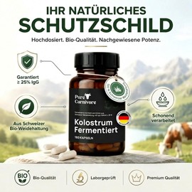 Fermented Colostrum Capsules Pack of 180 - Organic Colostrum from Swiss Pasture Farm - ≥ 25% IgG - Natural & High Dose - No Additives - Bottled in Germany