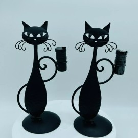 Unbranded Pair of Black Metal Cat Tapered Candle Holders Decorative Mounted 11" NEW