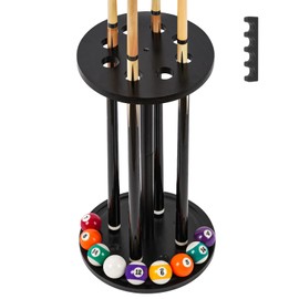 Pool Stick Holder Floor Stand - Round Billiard Cue Rack Pool Table Accessories Holds 8 Pool Cues, Wooden Freestanding Pool Cue Rack Billiards Table Stand for Game Room Billiard Room Decor(Black)