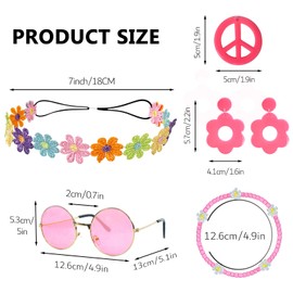 HyperFun Hippie Costume Accessories Set Peace Sign Necklace Sunglasses Flower Headband Earrings For 60s 70s Outfit Party Women