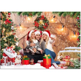 Dudaacvt 7x5FT Rustic Christmas Barn Wood Door Backdrop for Photography Xmas Tree Snow Gifts Decor Background Family Holiday Party Supplies Christmas New Year Party Backdrop