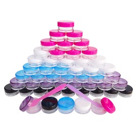 Wopanxye 50pack 5g Empty Sample Jars, 5ml Small Cosmetic Container for Makeup Eyeshadow Nails Oils Lip Balm Scrubs Jewelry Cream, 5 Gram Plastic Clear Pot with Multi-color Lid, Free Dispense Spatulas