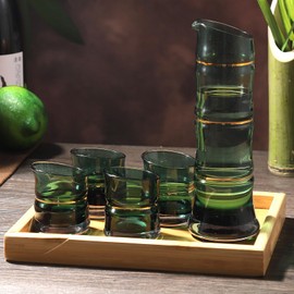 DUJUST Japanese Sake Set for 4, Bamboo Design in Golden Trim, 1 Sake Bottle, 1 Wooden Sake Tray, and 4 Sake Cups, Cold/Warm/Hot Sake Carafe, Special Japanese Gifts Set - 6 pcs (Gradient Green)