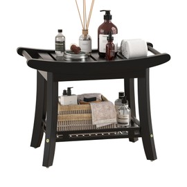 Eastglory Bamboo Shower Bench Chair Bathroom Shower Stool Seat for Inside Shower Bathtub with Storage Shelf Shower Foot Rest for Shaving Legs 25.2 x 13 x 19.2 Inches Black