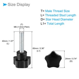 CoCud Star Clamping Knobs, M6 x 40mm Male Thread 24mm Head, Plastic Thumb Screw Grip Hand Knobs Threaded Bolt Black - (Applications: for Lathe Machinery), 4-Pieces