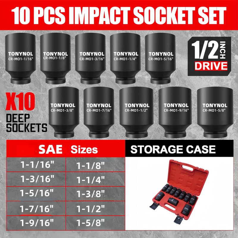 TONYNOL 1/2" Inch Drive Impact Socket Set,6-Point,SAE (1-1/16" to 1-5/8"),10
