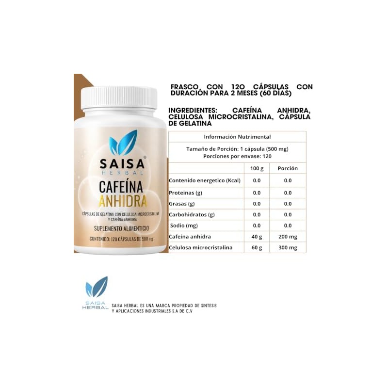 Cafeína Anhidra 200 mg Con 120 Cápsulas Saisa Herbal