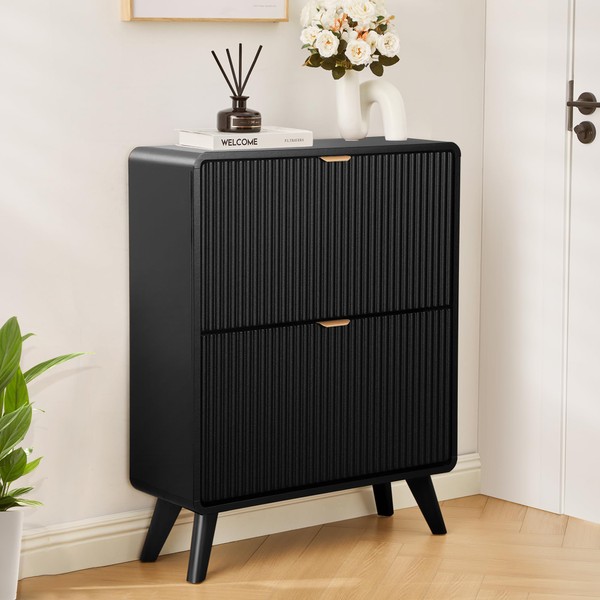 XUZENESTFluted Shoe Storage Cabinet for Entryway with 2 Flip Drawers,Narrow