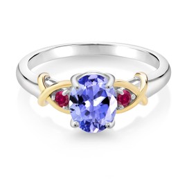 Gem Stone King 925 Silver and 10K Yellow Gold Oval Blue Tanzanite and Red Created Ruby Women Ring (1.26 Cttw, Available In Size 5, 6, 7, 8, 9)