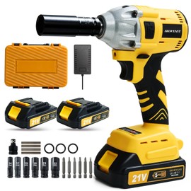 Cordless Impact Wrench 258Ft-lb（350N.m）, 1/2 Impact Gun, 2 Batteries, Pistola de Impacto, with 6 Sockets, Electric Impact Driver for Car Tires and Home YELLOW