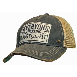 VINTAGE LIFE Everyone was Thinking It I Just Said It Distressed Trucker Cap, One Size, Black, Cotton and Polyester, Headgear, Hat, Headwear