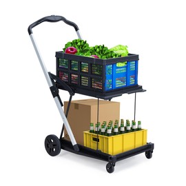 Collapsible Shopping Cart, Foldable Grocery Cart with Wheels and Removable Storage Crate, 2-Tier Portable Utility Cart for Home, Groceries, Supermarket