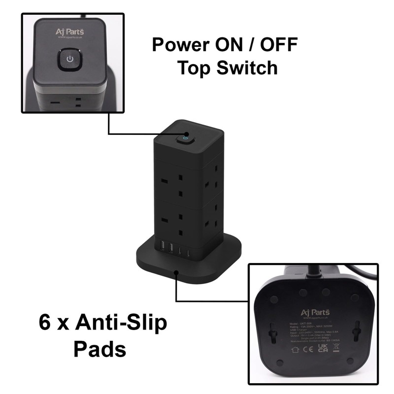 AJP Tower Extension Lead with USB Slots 8 Way Plug