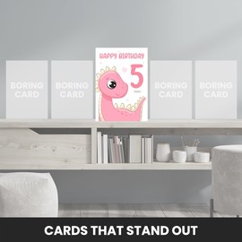 5th Birthday Card for Girl - Delightful Pink Dinosaur Theme, Perfect 5 Birthday Card Girl Turning 5 Year Old, Unique for Granddaughter, Daughter, Great Niece, Sister or Girls