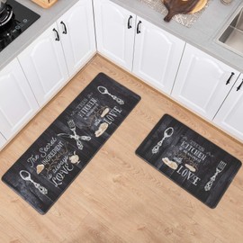 Asrug Kitchen Mats for Floor, Anti Fatigue Comfort Kitchen Standing Desk Mat, Floor Pad Kitchen Rug Waterproof Stain Resistance Non Slip Kitchen Set of 2, 17.3''x27.6''+17.3''x47.2'', Love Kitchen
