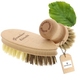 HOFMEISTER® Brush Set of Mushroom Brush & Vegetable Brush - for Gentle Cleaning of Mushrooms and Vegetables, Made of Soft Horsehair, Fibre & Union and Beech Wood