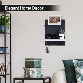 Key Holder Wall Mount, Key Holder With 2 Display Shelf, 3 Hooks for Key, Coat, Dog Leash, Key Hanger with Hook for Mail, Potted Plant, Farmhouse Mail Holder, Entry Way Organizer (Black & White)