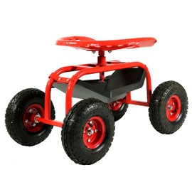 Sunnydaze Rolling Garden Cart with Swivel Seat and Storage - Rolling Garden Seat with Wheels - Gardening Stool with Wheels - Red