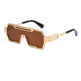 Junsika Retro Steampunk Sunglasses for Men Trendy Cool Design One Piece Irregular Gold Frame Brown Sunglasses, A4:Brown, L