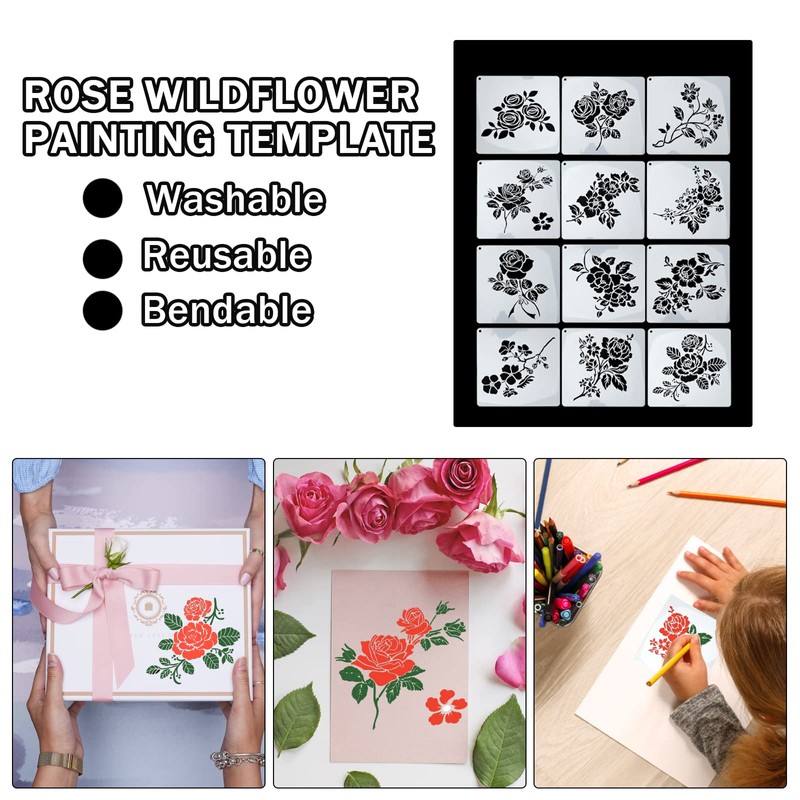 12 PCS Rose Flower Stencils - 7.8 X 7.8 Inch