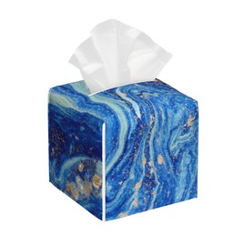 OHEGBXE Blue and Gold Liquid Marble Tissue Box Cover Square, Tissue Box Holder Leather Facial Paper Case Decorative Organizer Holder Dispenser Home Office Car Decor