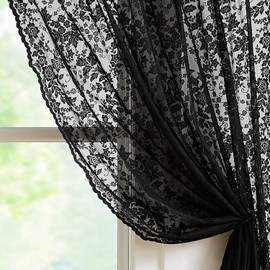 Abstractex Lace Net Sheer Curtains 90 Inches Long Black Floral Leaf Knitted Vine Vintage Light Filtering Embroidery Window Treatment for Girls Bedroom Living Room, Rod Pocket 58" W